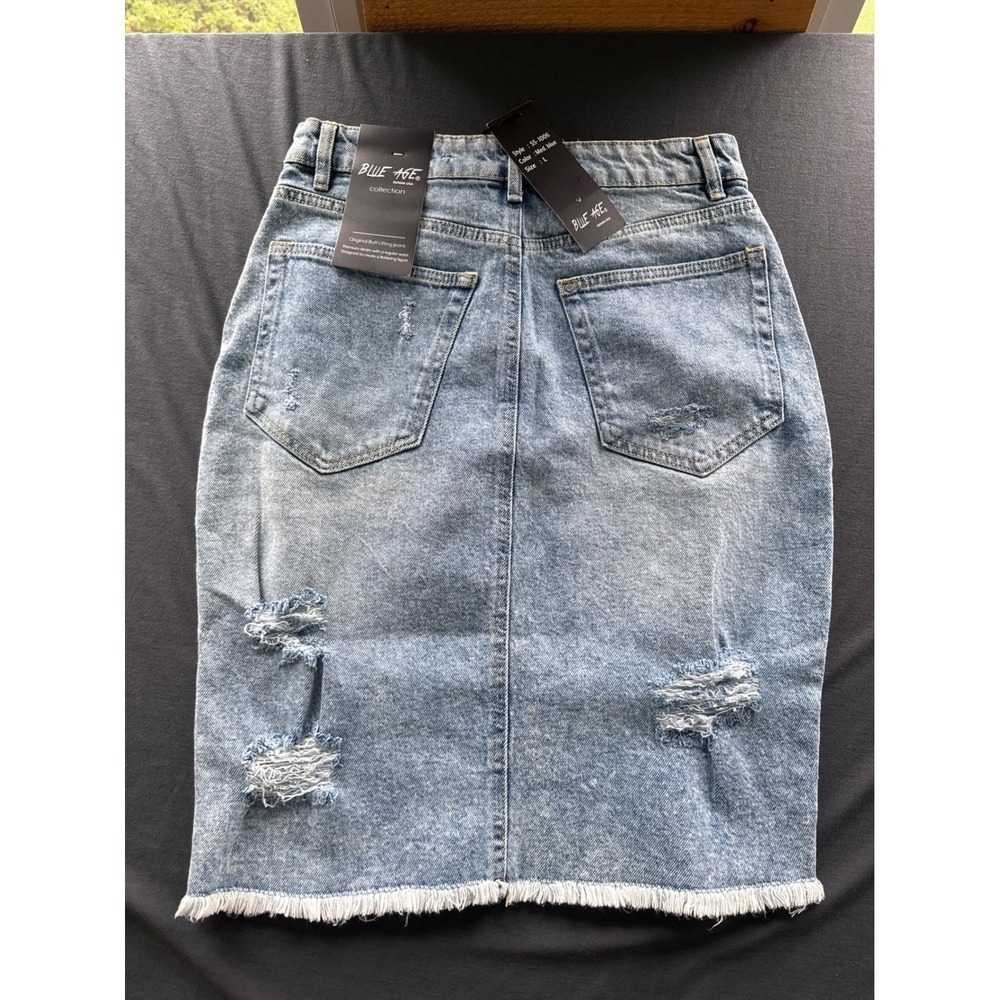 Blue Age Distressed Denim Skirt Medium Blue Wash Raw Hem M - Picture 4 of 5